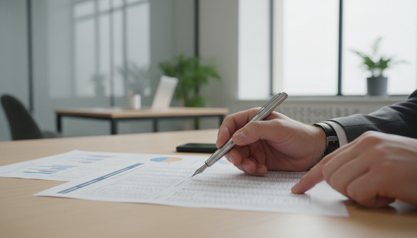 Руки указывают на важные детали в финансовом отчете