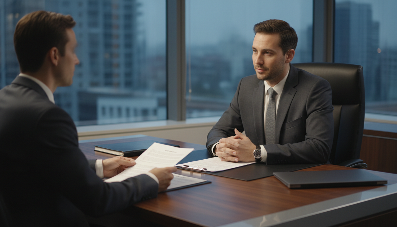 Юрист консультирует клиента в современном офисе, обсуждая документы.