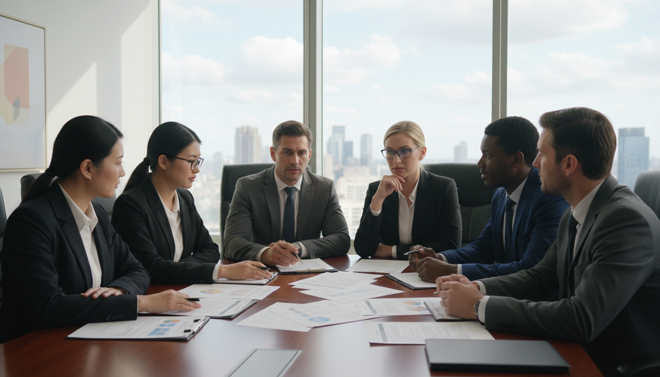 Команда юристов и предпринимателей обсуждает финансовые документы в современном офисе