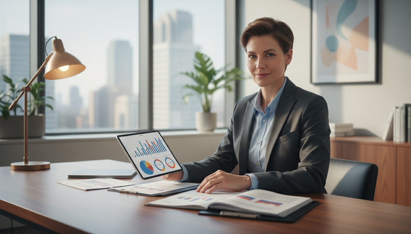 Человек спокойно просматривает документы в современном офисе, символизируя финансовый контроль.