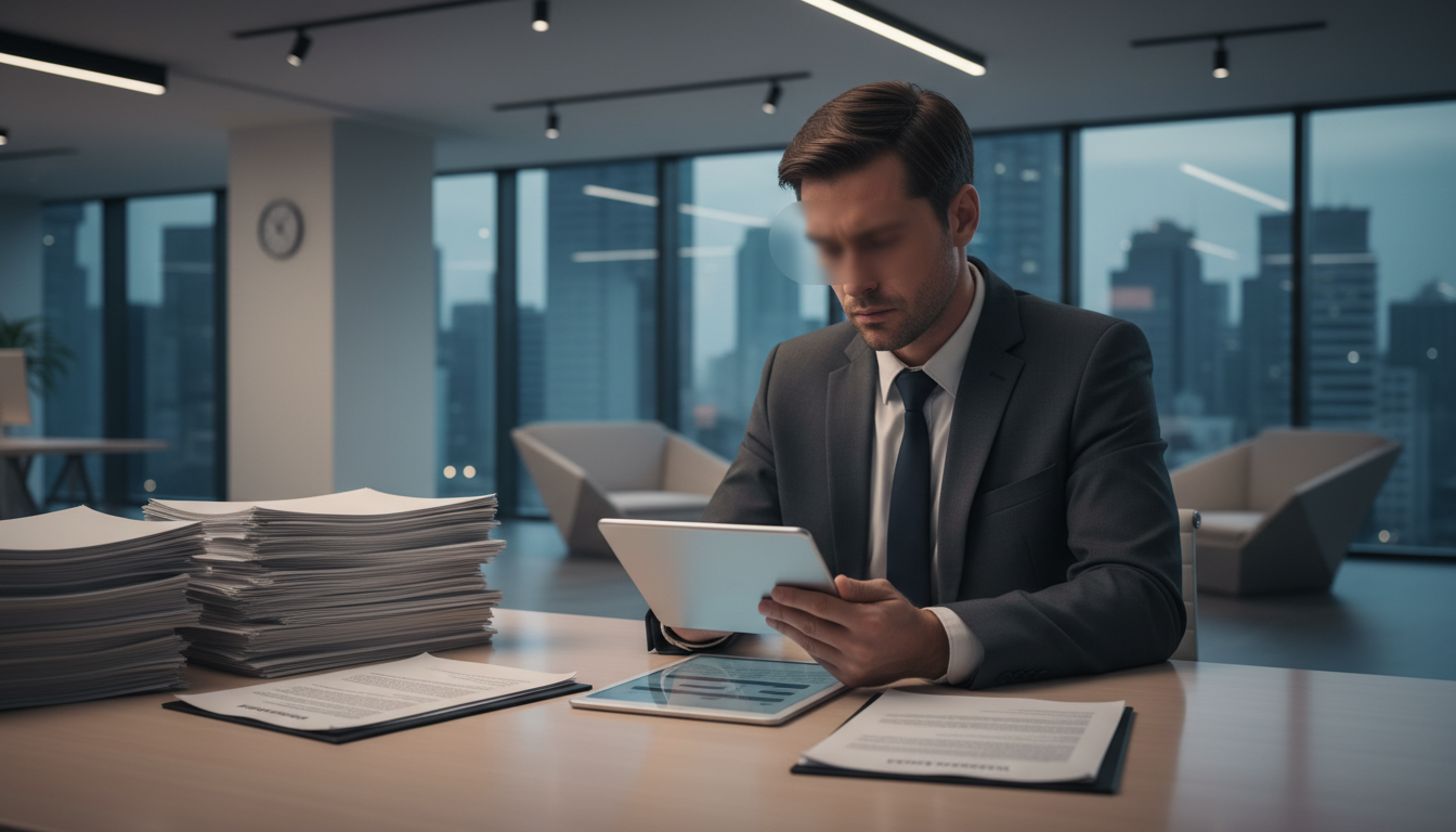 Бизнесмен изучает юридические документы о субсидиарной ответственности