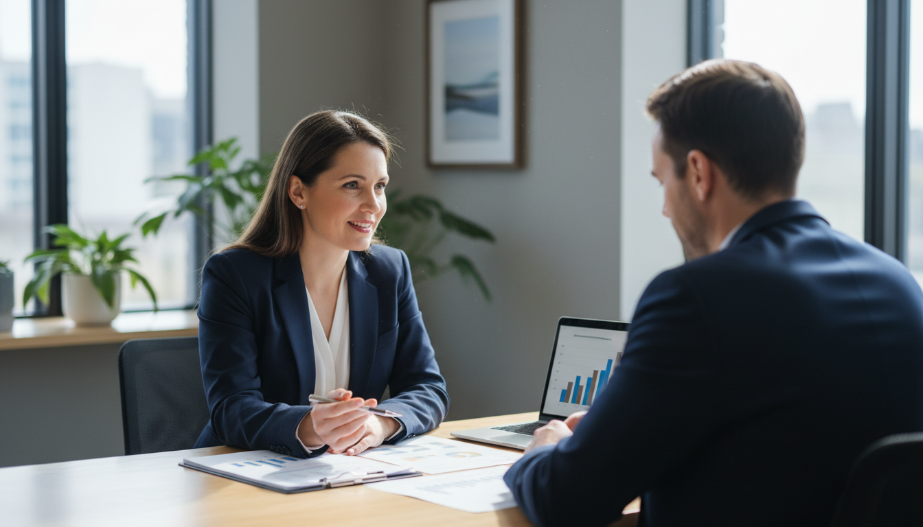 Финансовый консультант объясняет клиенту варианты банкротства.