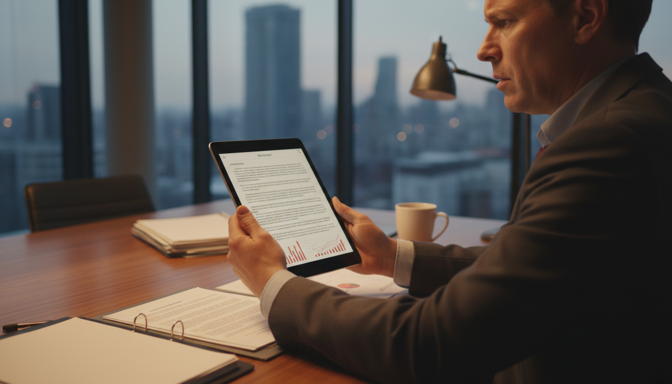 Бизнесмен изучает юридические документы о субсидиарной ответственности