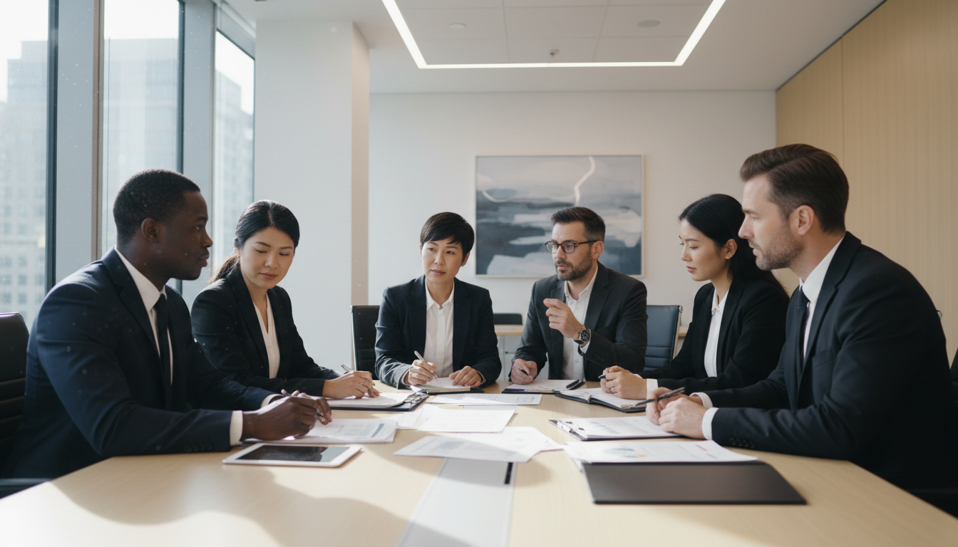 Команда юристов и предпринимателей обсуждает финансовые документы в современном офисе