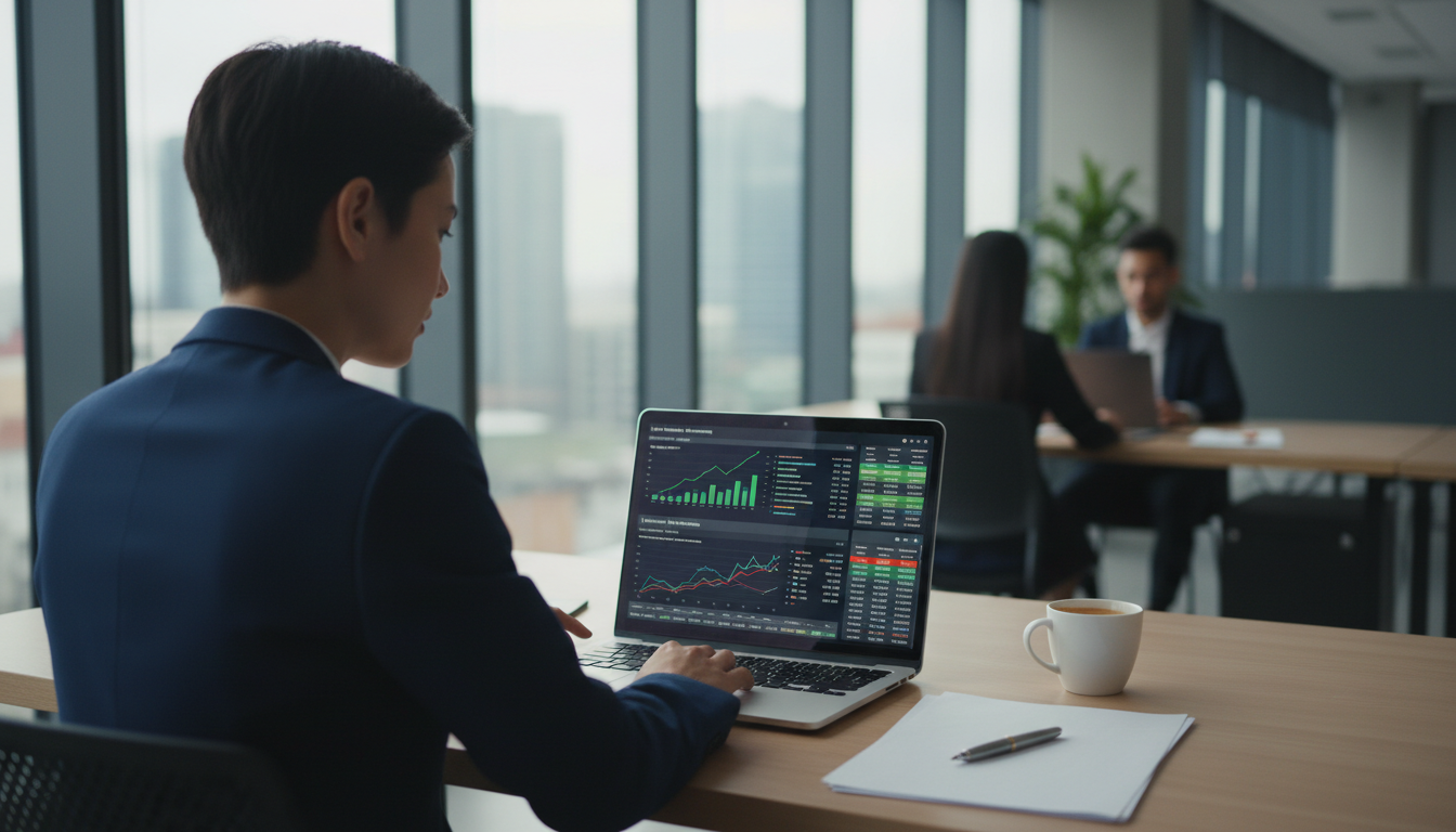 Человек анализирует финансовые данные на ноутбуке в современном офисе