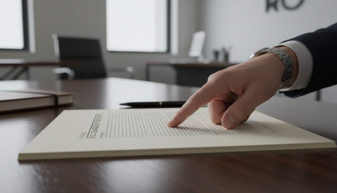 Рука указывает на пункт в юридическом документе о банкротстве