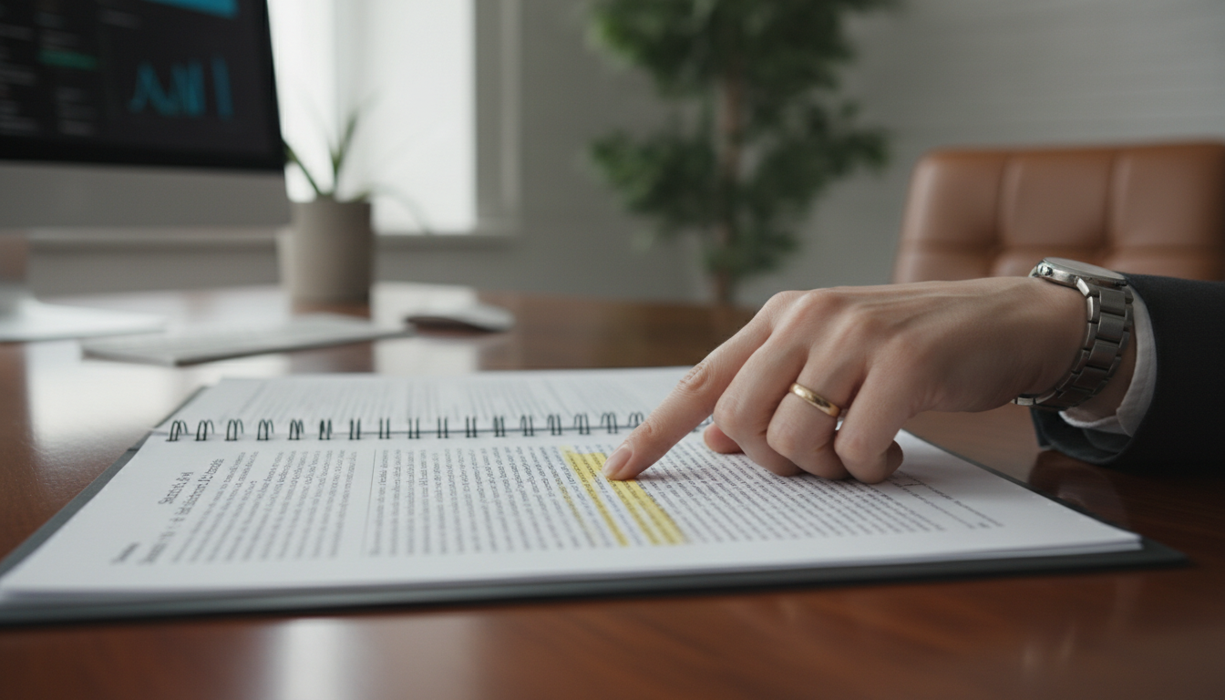 Рука указывает на пункт в юридическом документе о банкротстве